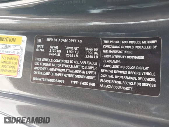 ✅ 2016 Buick Cascada Premium • VIN: W04WT3N56GG053689 • Lot: 44112029. Listed on IAAI with 129,936 mi. Free auction sales archive from the USA and detailed vehicle history report at DreamBid. Image 9.