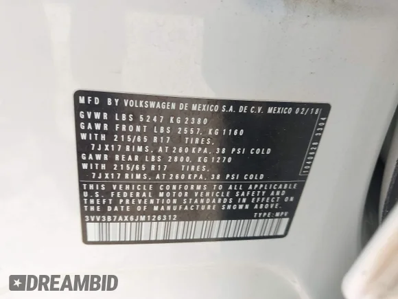 ✅ 2018 Volkswagen Tiguan SEL • VIN: 3VV3B7AX6JM126312 • Lot: 45233520. Listed on IAAI with 112,290 mi. Free auction sales archive from the USA and detailed vehicle history report at DreamBid. Image 9.