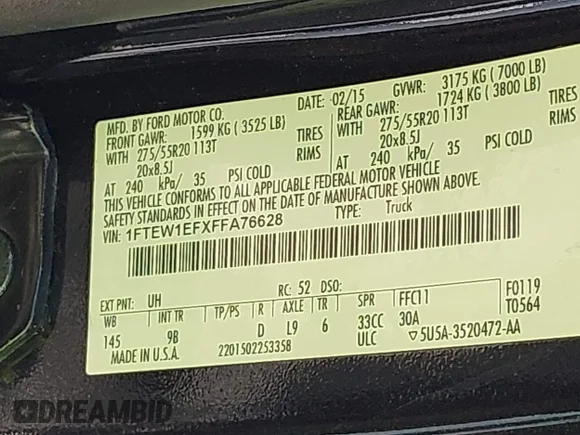 ✅ 2015 Ford F-150 XLT • VIN: 1FTEW1EFXFFA76628 • Lot: 43538493. Listed on IAAI with Not provided. Free auction sales archive from the USA and detailed vehicle history report at DreamBid. Image 9.