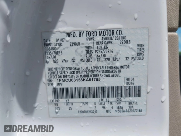 ✅ 2008 Ford Escape XLT • VIN: 1FMCU03158KA61765 • Lot: 45080402. Wystawiony na IAAI z przebiegiem 194 569 mil. Bezpłatny archiwum sprzedaży aukcyjnych z USA i szczegółowy raport historii pojazdu na DreamBid. Zdjęcie 9.