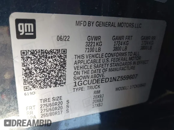 ✅ 2022 Chevrolet Silverado 1500 RST • VIN: 1GCUDEED1NZ559607 • Lot: 44149550. Wystawiony na IAAI z przebiegiem 78 760 mil. Bezpłatny archiwum sprzedaży aukcyjnych z USA i szczegółowy raport historii pojazdu na DreamBid. Zdjęcie 9.