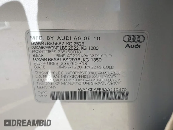✅ 2010 Audi Q5 Premium • VIN: WA1CKAFP5AA110470 • Lot: 43353789. Listed on IAAI with 160,208 mi. Free auction sales archive from the USA and detailed vehicle history report at DreamBid. Image 9.