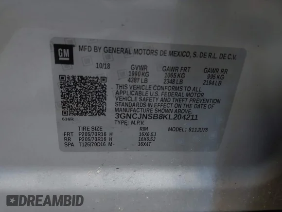 ✅ 2019 Chevrolet Trax LS • VIN: 3GNCJNSB8KL204211 • Lot: 41303587. Wystawiony na IAAI z przebiegiem 51 416 mil. Bezpłatny archiwum sprzedaży aukcyjnych z USA i szczegółowy raport historii pojazdu na DreamBid. Zdjęcie 9.