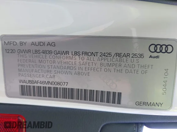✅ 2021 Audi A4 Premium Plus • VIN: WAUBBAF46MN008077 • Лот: 42385153. Опубліковано раніше на IAAI з пробігом 50 791 миль. Безкоштовний доступ до архіву аукціонних продажів зі США та докладний звіт про історію автомобіля на DreamBid. Зображення 9.