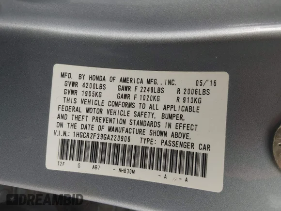 ✅ 2016 Honda Accord LX • VIN: 1HGCR2F39GA220906 • Lot: 45442175. Wystawiony na IAAI z przebiegiem 168 833 mil. Bezpłatny archiwum sprzedaży aukcyjnych z USA i szczegółowy raport historii pojazdu na DreamBid. Zdjęcie 9.