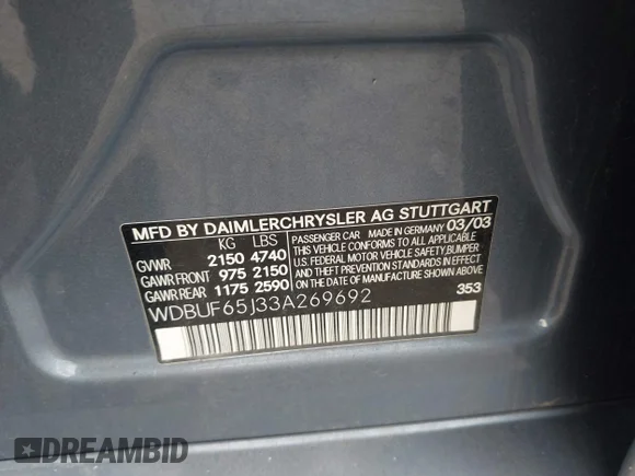 ✅ 2003 Mercedes-Benz E 320 • VIN: WDBUF65J33A269692 • Lot: 44315694. Wystawiony na IAAI z przebiegiem 302 445 mil. Bezpłatny archiwum sprzedaży aukcyjnych z USA i szczegółowy raport historii pojazdu na DreamBid. Zdjęcie 9.