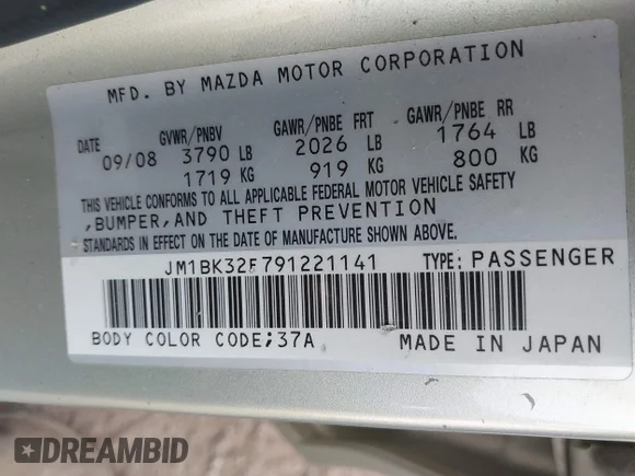 ✅ 2009 Mazda 3 i Touring Value • VIN: JM1BK32F791221141 • Lot: 43157485. Listed on IAAI with 140,852 mi. Free auction sales archive from the USA and detailed vehicle history report at DreamBid. Image 9.