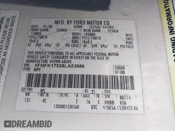 ✅ 2008 Ford Expedition Max Eddie Bauer • VIN: 1FMFK17528LA53686 • Лот: 42148602. Опубліковано раніше на IAAI з пробігом 250 320 миль. Безкоштовний доступ до архіву аукціонних продажів зі США та докладний звіт про історію автомобіля на DreamBid. Зображення 9.