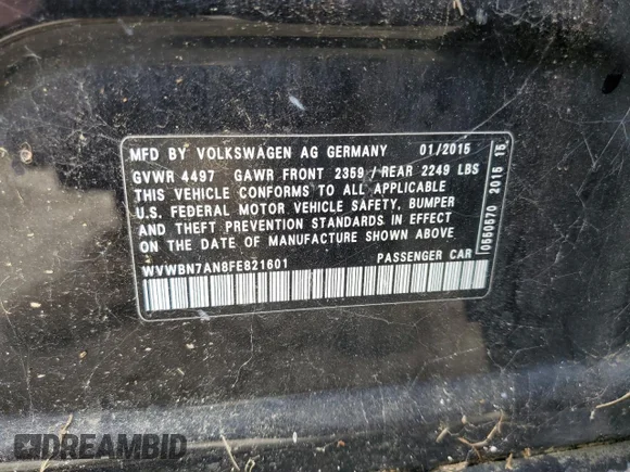 ✅ 2015 Volkswagen CC Sport • VIN: WVWBN7AN8FE821601 • Lot: 56053405. Wystawiony na Copart z przebiegiem Nie podano. Bezpłatny archiwum sprzedaży aukcyjnych z USA i szczegółowy raport historii pojazdu na DreamBid. Zdjęcie 12.