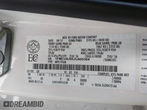 ✅ 2018 Ford Escape Titanium • VIN: 1FMCU9J95JUA05364 • Лот: 43901586. Опубликован ранее на IAAI с пробегом 88 752 миль. Бесплатный доступ к архиву аукционных продаж из США и подробный отчёт об истории автомобиля на DreamBid. Изображение 9.