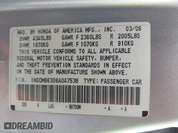 ✅ 2006 Honda Accord LX • VIN: 1HGCM66306A047538 • Lot: 44922946. Wystawiony na IAAI z przebiegiem 261 869 mil. Bezpłatny archiwum sprzedaży aukcyjnych z USA i szczegółowy raport historii pojazdu na DreamBid. Zdjęcie 9.
