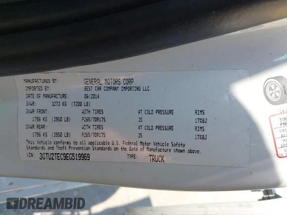 ✅ 2014 GMC Sierra 1500 • VIN: 3GTU2TEC9EG519969 • Lot: 43082451. Wystawiony na IAAI z przebiegiem 133 381 mil. Bezpłatny archiwum sprzedaży aukcyjnych z USA i szczegółowy raport historii pojazdu na DreamBid. Zdjęcie 9.