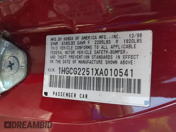 ✅ 1999 Honda Accord EX • VIN: 1HGCG2251XA010541 • Lot: 44691783. Wystawiony na IAAI z przebiegiem 184 981 mil. Bezpłatny archiwum sprzedaży aukcyjnych z USA i szczegółowy raport historii pojazdu na DreamBid. Zdjęcie 9.