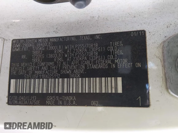 ✅ 2011 Toyota Tundra • VIN: 5TFLU5F11BX025112 • Lot: 44394562. Wystawiony na IAAI z przebiegiem 256 724 mil. Bezpłatny archiwum sprzedaży aukcyjnych z USA i szczegółowy raport historii pojazdu na DreamBid. Zdjęcie 9.