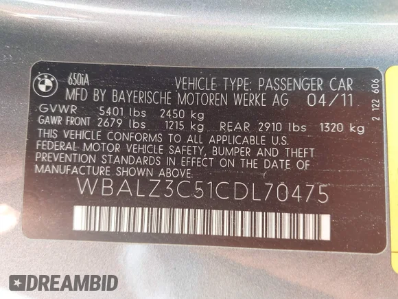 ✅ 2012 BMW 6 Series 650i • VIN: WBALZ3C51CDL70475 • Lot: 45375219. Wystawiony na IAAI z przebiegiem 174 693 mil. Bezpłatny archiwum sprzedaży aukcyjnych z USA i szczegółowy raport historii pojazdu na DreamBid. Zdjęcie 9.