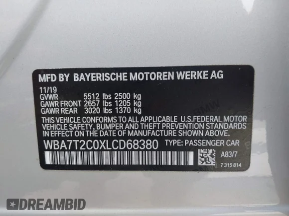✅ 2020 BMW 7 Series 740i • VIN: WBA7T2C0XLCD68380 • Lot: 42814998. Wystawiony na IAAI z przebiegiem 131 700 mil. Bezpłatny archiwum sprzedaży aukcyjnych z USA i szczegółowy raport historii pojazdu na DreamBid. Zdjęcie 9.