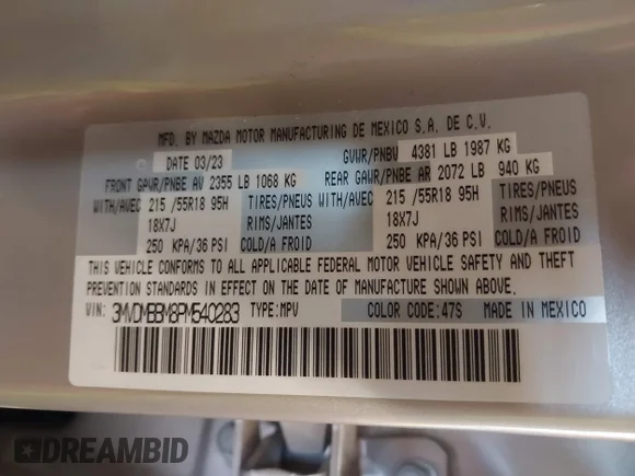 ✅ 2023 Mazda CX-30 S Select • VIN: 3MVDMBBM8PM540283 • Lot: 41691015. Wystawiony na IAAI z przebiegiem 21 396 mil. Bezpłatny archiwum sprzedaży aukcyjnych z USA i szczegółowy raport historii pojazdu na DreamBid. Zdjęcie 9.