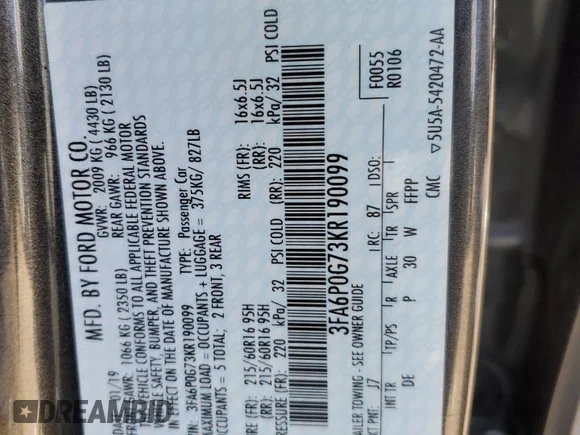 ✅ 2019 Ford Fusion S • VIN: 3FA6P0G73KR190099 • Lot: 42170973. Wystawiony na Copart z przebiegiem Nie podano. Bezpłatny archiwum sprzedaży aukcyjnych z USA i szczegółowy raport historii pojazdu na DreamBid. Zdjęcie 12.