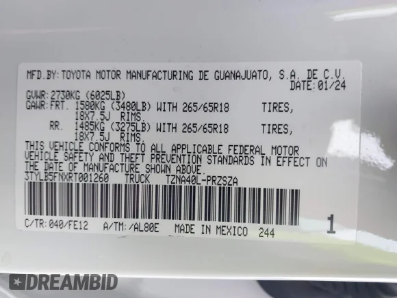 ✅ 2024 Toyota Tacoma SR5 • VIN: 3TYLB5FNXRT001260 • Lot: 43778499. Wystawiony na IAAI z przebiegiem 21 125 mil. Bezpłatny archiwum sprzedaży aukcyjnych z USA i szczegółowy raport historii pojazdu na DreamBid. Zdjęcie 9.