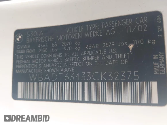 ✅ 2003 BMW 5 Series 530i • VIN: WBADT63433CK32375 • Lot: 43241695. Listed on IAAI with 175,775 mi. Free auction sales archive from the USA and detailed vehicle history report at DreamBid. Image 9.