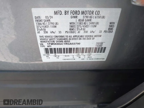 ✅ 2024 Ford Explorer ST • VIN: 1FM5K8GC1RGA53790 • Lot: 45223956. Listed on IAAI with 29,884 mi. Free auction sales archive from the USA and detailed vehicle history report at DreamBid. Image 9.