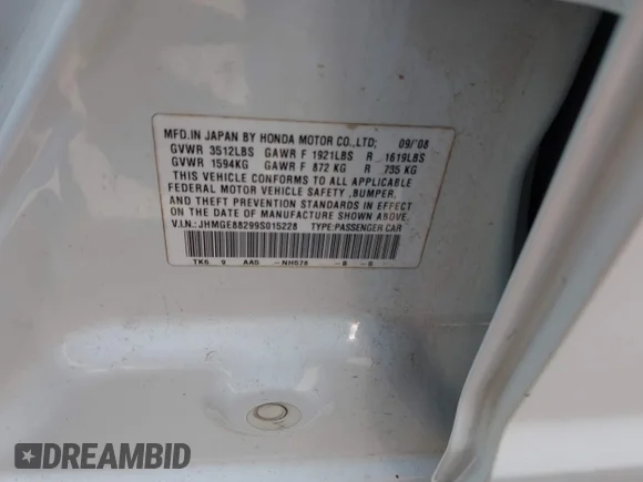 ✅ 2009 Honda Fit • VIN: JHMGE88299S015228 • Lot: 43015548. Listed on IAAI with 178,374 mi. Free auction sales archive from the USA and detailed vehicle history report at DreamBid. Image 9.