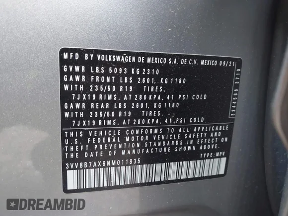 ✅ 2022 Volkswagen Tiguan SE R-Line Black • VIN: 3VV8B7AX6NM011835 • Lot: 44767099. Wystawiony na IAAI z przebiegiem 43 776 mil. Bezpłatny archiwum sprzedaży aukcyjnych z USA i szczegółowy raport historii pojazdu na DreamBid. Zdjęcie 9.