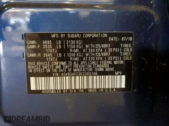 ✅ 2019 Subaru Outback Premium • VIN: 4S4BSAFC9K3389146 • Лот: 55917666. Опубліковано раніше на Copart з пробігом 81 024 миль. Безкоштовний доступ до архіву аукціонних продажів зі США та докладний звіт про історію автомобіля на DreamBid. Зображення 13.
