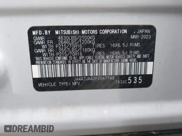 ✅ 2023 Mitsubishi Eclipse Cross ES • VIN: JA4ATUAA2PZ047749 • Lot: 45036288. Wystawiony na IAAI z przebiegiem 31 222 mil. Bezpłatny archiwum sprzedaży aukcyjnych z USA i szczegółowy raport historii pojazdu na DreamBid. Zdjęcie 9.