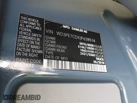 ✅ 2018 Mercedes-Benz Sprinter Cargo Worker • VIN: WD3PE7CDXJP628514 • Lot: 41548306. Wystawiony na IAAI z przebiegiem 87 114 mil. Bezpłatny archiwum sprzedaży aukcyjnych z USA i szczegółowy raport historii pojazdu na DreamBid. Zdjęcie 9.