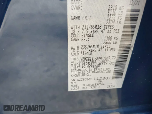 ✅ 2022 Nissan Murano SV • VIN: 5N1AZ2BJ6NC112301 • Лот: 43103598. Опубликован ранее на IAAI с пробегом 75 841 миль. Бесплатный доступ к архиву аукционных продаж из США и подробный отчёт об истории автомобиля на DreamBid. Изображение 9.