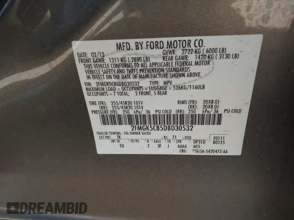 ✅ 2013 Ford Flex SEL • VIN: 2FMGK5C85DBD30532 • Лот: 42607769. Опубліковано раніше на IAAI з пробігом 131 993 миль. Безкоштовний доступ до архіву аукціонних продажів зі США та докладний звіт про історію автомобіля на DreamBid. Зображення 9.