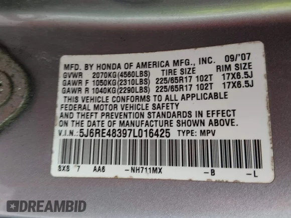 ✅ 2007 Honda CR-V LX • VIN: 5J6RE48397L016425 • Lot: 44973179. Wystawiony na IAAI z przebiegiem 201 465 mil. Bezpłatny archiwum sprzedaży aukcyjnych z USA i szczegółowy raport historii pojazdu na DreamBid. Zdjęcie 9.