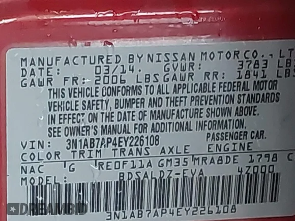 ✅ 2014 Nissan Sentra FE+ SV • VIN: 3N1AB7AP4EY226108 • Лот: 43426885. Опубліковано раніше на IAAI з пробігом 152 757 миль. Безкоштовний доступ до архіву аукціонних продажів зі США та докладний звіт про історію автомобіля на DreamBid. Зображення 9.