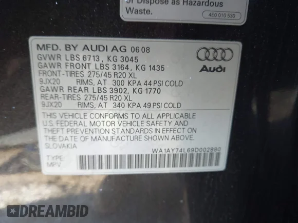 ✅ 2009 Audi Q7 • VIN: WA1AY74L69D002880 • Lot: 41416826. Wystawiony na IAAI z przebiegiem 157 344 mil. Bezpłatny archiwum sprzedaży aukcyjnych z USA i szczegółowy raport historii pojazdu na DreamBid. Zdjęcie 9.