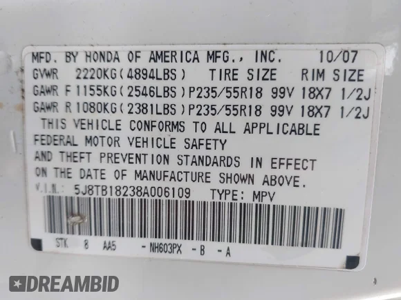 ✅ 2008 Acura RDX • VIN: 5J8TB18238A006109 • Lot: 40804044. Wystawiony na IAAI z przebiegiem 253 922 mil. Bezpłatny archiwum sprzedaży aukcyjnych z USA i szczegółowy raport historii pojazdu na DreamBid. Zdjęcie 9.