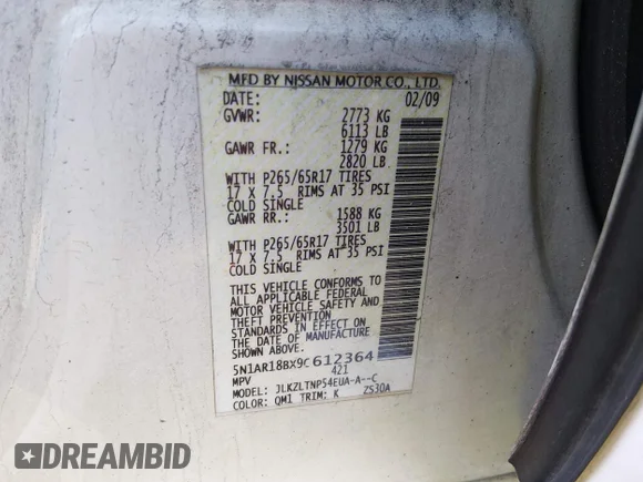 ✅ 2009 Nissan Pathfinder SE • VIN: 5N1AR18BX9C612364 • Lot: 44482735. Wystawiony na IAAI z przebiegiem Nie podano. Bezpłatny archiwum sprzedaży aukcyjnych z USA i szczegółowy raport historii pojazdu na DreamBid. Zdjęcie 9.