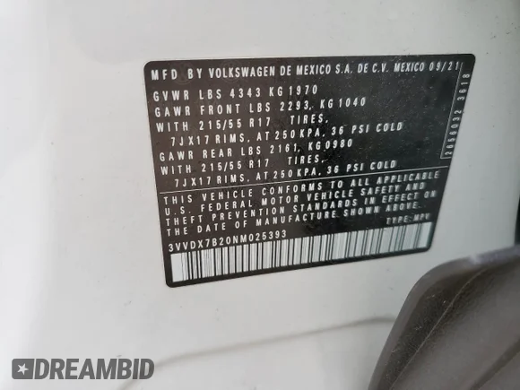 ✅ 2022 Volkswagen Taos S • VIN: 3VVDX7B20NM025393 • Лот: 44572383. Опубликован ранее на Copart с пробегом 10 397 миль. Бесплатный доступ к архиву аукционных продаж из США и подробный отчёт об истории автомобиля на DreamBid. Изображение 13.