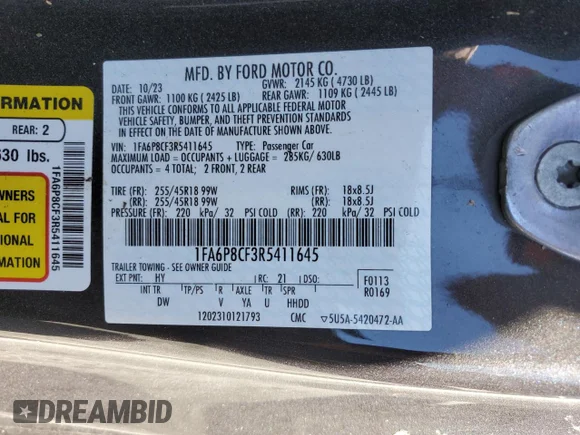 ✅ 2024 Ford Mustang GT • VIN: 1FA6P8CF3R5411645 • Лот: 75248774. Опубликован ранее на Copart с пробегом Не указан. Бесплатный доступ к архиву аукционных продаж из США и подробный отчёт об истории автомобиля на DreamBid. Изображение 13.