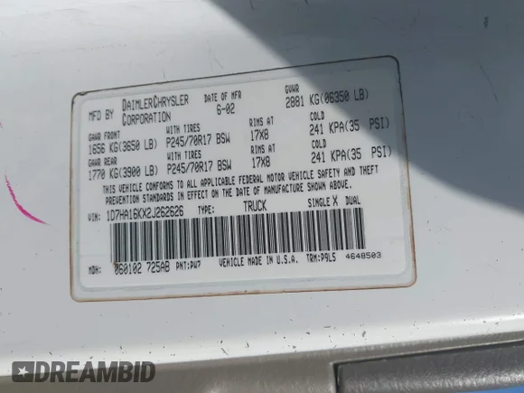 ✅ 2002 Dodge 1500 • VIN: 1D7HA16KX2J262626 • Lot: 42549038. Listed on IAAI with 141,067 mi. Free auction sales archive from the USA and detailed vehicle history report at DreamBid. Image 9.