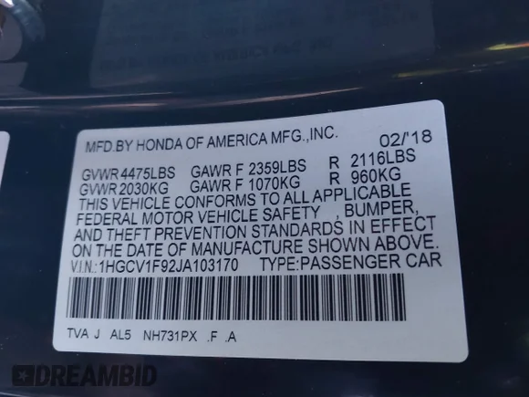 ✅ 2018 Honda Accord Touring • VIN: 1HGCV1F92JA103170 • Lot: 44122177. Wystawiony na IAAI z przebiegiem 76 628 mil. Bezpłatny archiwum sprzedaży aukcyjnych z USA i szczegółowy raport historii pojazdu na DreamBid. Zdjęcie 9.