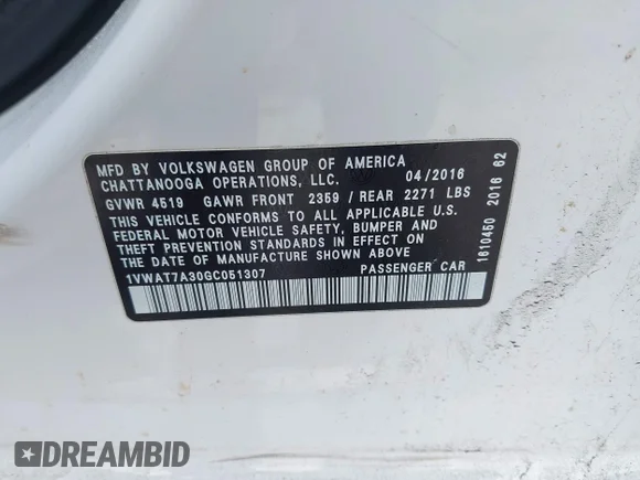 ✅ 2016 Volkswagen Passat S • VIN: 1VWAT7A30GC051307 • Lot: 44466243. Wystawiony na IAAI z przebiegiem 146 164 mil. Bezpłatny archiwum sprzedaży aukcyjnych z USA i szczegółowy raport historii pojazdu na DreamBid. Zdjęcie 9.