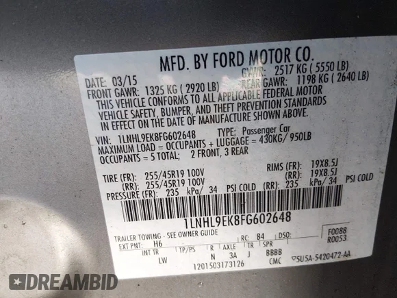 ✅ 2015 Lincoln MKS • VIN: 1LNHL9EK8FG602648 • Lot: 44407315. Wystawiony na IAAI z przebiegiem 108 009 mil. Bezpłatny archiwum sprzedaży aukcyjnych z USA i szczegółowy raport historii pojazdu na DreamBid. Zdjęcie 9.