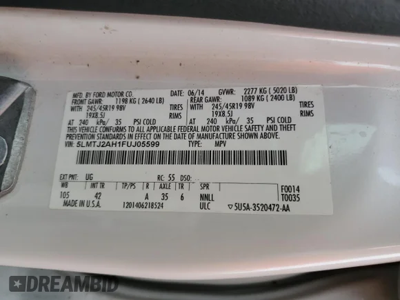 ✅ 2015 Lincoln MKC • VIN: 5LMTJ2AH1FUJ05599 • Лот: 85435035. Опубліковано раніше на Copart з пробігом 212 154 миль. Безкоштовний доступ до архіву аукціонних продажів зі США та докладний звіт про історію автомобіля на DreamBid. Зображення 14.