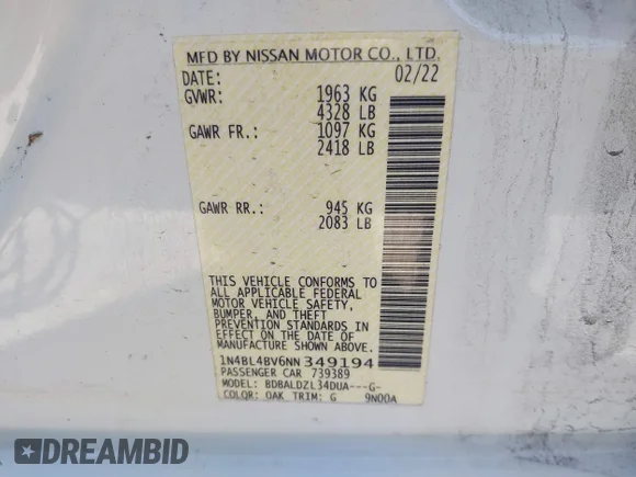 ✅ 2022 Nissan Altima S • VIN: 1N4BL4BV6NN349194 • Lot: 41757406. Wystawiony na IAAI z przebiegiem 71 567 mil. Bezpłatny archiwum sprzedaży aukcyjnych z USA i szczegółowy raport historii pojazdu na DreamBid. Zdjęcie 9.