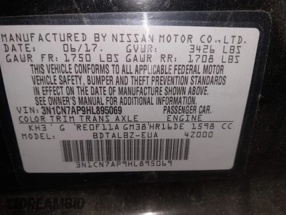 ✅ 2017 Nissan Versa S • VIN: 3N1CN7AP9HL895069 • Лот: 43925564. Опубликован ранее на IAAI с пробегом 103 137 миль. Бесплатный доступ к архиву аукционных продаж из США и подробный отчёт об истории автомобиля на DreamBid. Изображение 9.