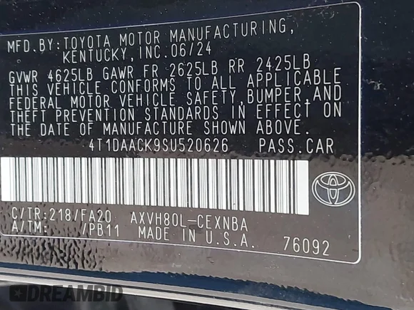 ✅ 2025 Toyota Camry LE • VIN: 4T1DAACK9SU520626 • Lot: 44245676. Wystawiony na IAAI z przebiegiem Nie podano. Bezpłatny archiwum sprzedaży aukcyjnych z USA i szczegółowy raport historii pojazdu na DreamBid. Zdjęcie 9.
