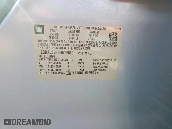 ✅ 2014 Chevrolet Equinox LT • VIN: 2GNALBEK9E6299530 • Lot: 48935876. Listed on Copart with 136,970 mi. Free auction sales archive from the USA and detailed vehicle history report at DreamBid. Image 13.