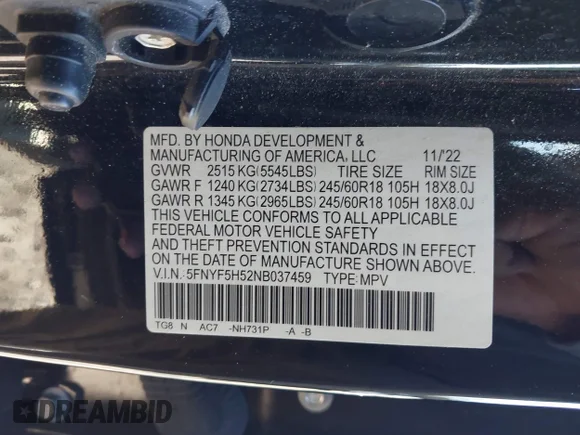 ✅ 2022 Honda Pilot EX-L • VIN: 5FNYF5H52NB037459 • Lot: 43432562. Listed on IAAI with 66,751 mi. Free auction sales archive from the USA and detailed vehicle history report at DreamBid. Image 9.