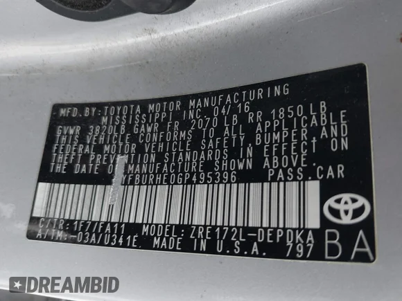✅ 2016 Toyota Corolla L • VIN: 5YFBURHE0GP495396 • Lot: 43073971. Wystawiony na IAAI z przebiegiem 109 205 mil. Bezpłatny archiwum sprzedaży aukcyjnych z USA i szczegółowy raport historii pojazdu na DreamBid. Zdjęcie 9.